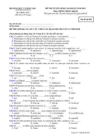 Đề thi tuyển sinh Cao đẳng môn Tiếng Pháp - Khối D - Mã đề: 859 - Năm học 2011 (Có đáp án)