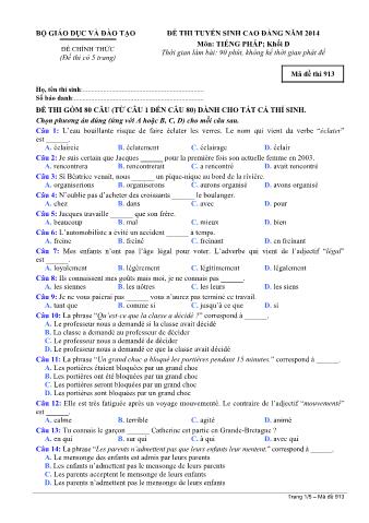 Đề thi tuyển sinh Cao đẳng môn Tiếng Pháp - Khối D - Mã đề: 913 - Năm học 2014 (Có đáp án)