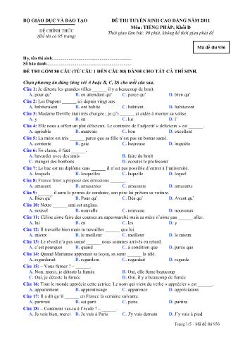 Đề thi tuyển sinh Cao đẳng môn Tiếng Pháp - Khối D - Mã đề: 936 - Năm học 2011 (Có đáp án)