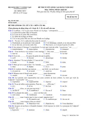 Đề thi tuyển sinh Cao đẳng môn Tiếng Pháp - Khối D3 - Mã đề: 194 - Năm học 2012 (Có đáp án)