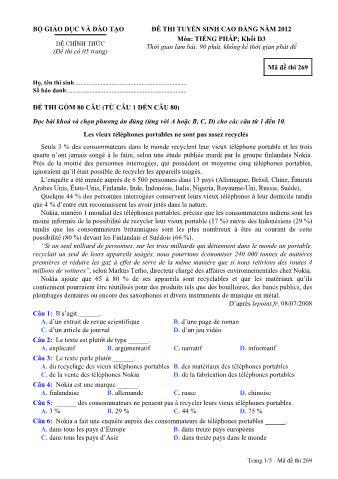 Đề thi tuyển sinh Cao đẳng môn Tiếng Pháp - Khối D3 - Mã đề: 269 - Năm học 2012 (Có đáp án)