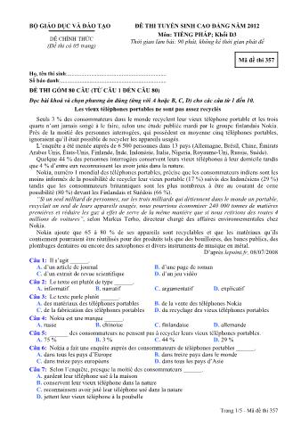 Đề thi tuyển sinh Cao đẳng môn Tiếng Pháp - Khối D3 - Mã đề: 357 - Năm học 2012 (Có đáp án)