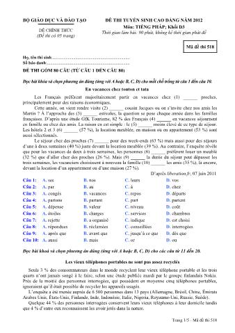 Đề thi tuyển sinh Cao đẳng môn Tiếng Pháp - Khối D3 - Mã đề: 518 - Năm học 2012 (Có đáp án)