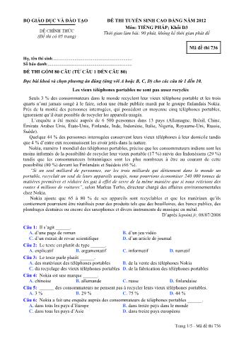 Đề thi tuyển sinh Cao đẳng môn Tiếng Pháp - Khối D3 - Mã đề: 736 - Năm học 2012 (Có đáp án)