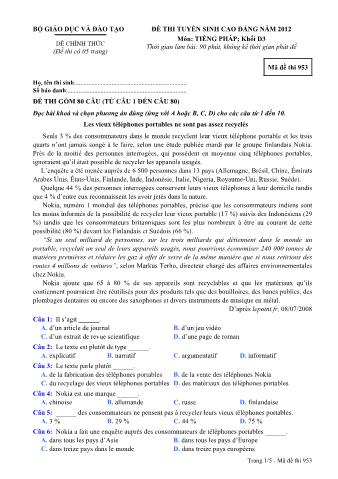 Đề thi tuyển sinh Cao đẳng môn Tiếng Pháp - Khối D3 - Mã đề: 953 - Năm học 2012 (Có đáp án)