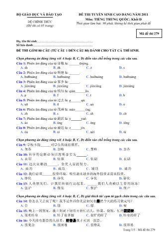 Đề thi tuyển sinh Cao đẳng môn Tiếng Trung - Khối D - Mã đề: 279 - Năm học 2011 (Có đáp án)