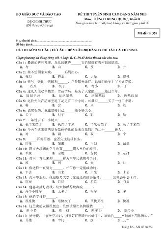 Đề thi tuyển sinh Cao đẳng môn Tiếng Trung - Khối D - Mã đề: 359 - Năm học 2010 (Có đáp án)