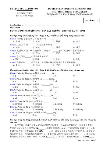 Đề thi tuyển sinh Cao đẳng môn Tiếng Trung - Khối D - Mã đề: 417 - Năm học 2011 (Có đáp án)