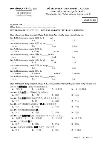 Đề thi tuyển sinh Cao đẳng môn Tiếng Trung - Khối D - Mã đề: 483 - Năm học 2010 (Có đáp án)