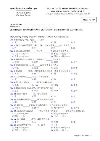 Đề thi tuyển sinh Cao đẳng môn Tiếng Trung - Khối D - Mã đề: 527 - Năm học 2013 (Có đáp án)