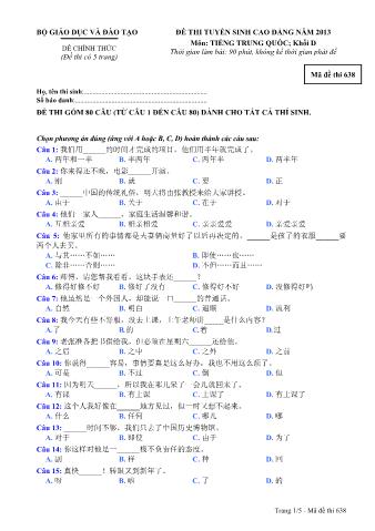 Đề thi tuyển sinh Cao đẳng môn Tiếng Trung - Khối D - Mã đề: 638 - Năm học 2013 (Có đáp án)