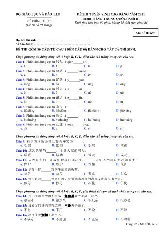 Đề thi tuyển sinh Cao đẳng môn Tiếng Trung - Khối D - Mã đề: 695 - Năm học 2011 (Có đáp án)