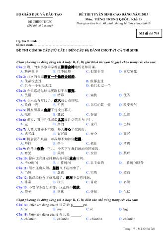 Đề thi tuyển sinh Cao đẳng môn Tiếng Trung - Khối D - Mã đề: 749 - Năm học 2013 (Có đáp án)