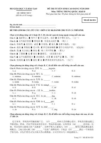 Đề thi tuyển sinh Cao đẳng môn Tiếng Trung - Khối D - Mã đề: 824 - Năm học 2010 (Có đáp án)