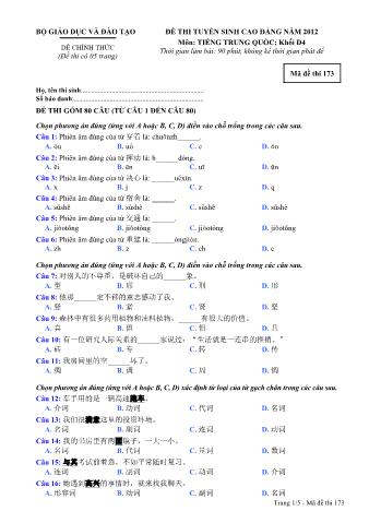 Đề thi tuyển sinh Cao đẳng môn Tiếng Trung - Khối D4 - Mã đề: 173 - Năm học 2012 (Có đáp án)