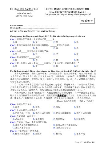 Đề thi tuyển sinh Cao đẳng môn Tiếng Trung - Khối D4 - Mã đề: 491 - Năm học 2012 (Có đáp án)