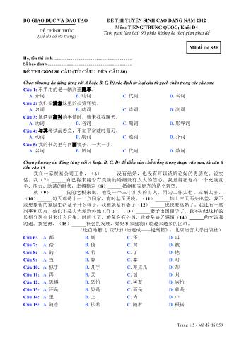 Đề thi tuyển sinh Cao đẳng môn Tiếng Trung - Khối D4 - Mã đề: 859 - Năm học 2012 (Có đáp án)