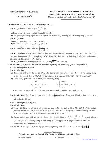 Đề thi tuyển sinh Cao đẳng môn Toán - Khối A, A1, B, D - Năm học 2012 (Có đáp án)