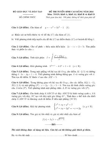 Đề thi tuyển sinh Cao đẳng môn Toán - Khối A, A1, B, D - Năm học 2014 (Có đáp án)