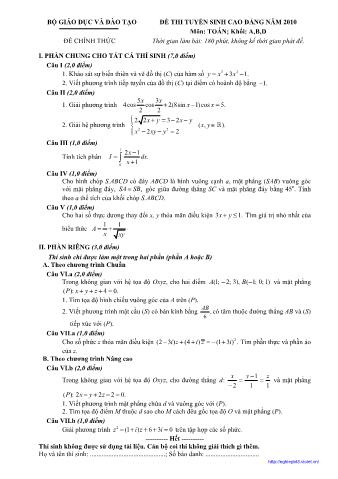 Đề thi tuyển sinh Cao đẳng môn Toán - Khối A, B, D - Năm học 2010 (Có đáp án)