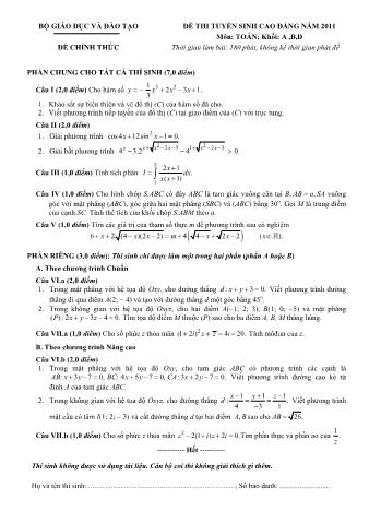 Đề thi tuyển sinh Cao đẳng môn Toán - Khối A, B, D - Năm học 2011 (Có đáp án)