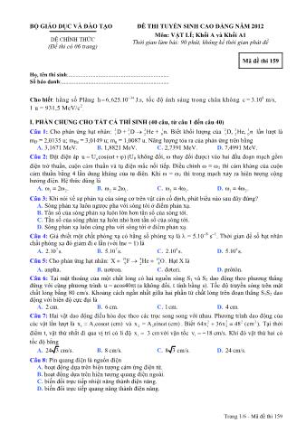 Đề thi tuyển sinh Cao đẳng môn Vật lí - Khối A, A1 - Mã đề: 159 - Năm học 2012 (Có đáp án)