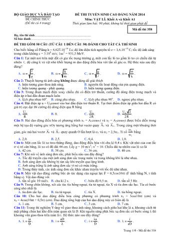 Đề thi tuyển sinh Cao đẳng môn Vật lí - Khối A, A1 - Mã đề: 358 - Năm học 2014 (Có đáp án)