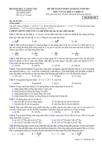 Đề thi tuyển sinh Cao đẳng môn Vật lí - Khối A, A1 - Mã đề: 368 - Năm học 2013 (Có đáp án)