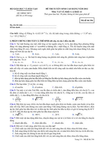 Đề thi tuyển sinh Cao đẳng môn Vật lí - Khối A, A1 - Mã đề: 396 - Năm học 2012 (Có đáp án)