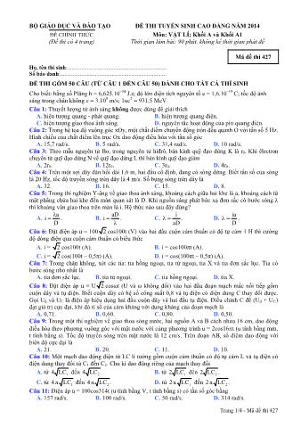 Đề thi tuyển sinh Cao đẳng môn Vật lí - Khối A, A1 - Mã đề: 427 - Năm học 2014 (Có đáp án)