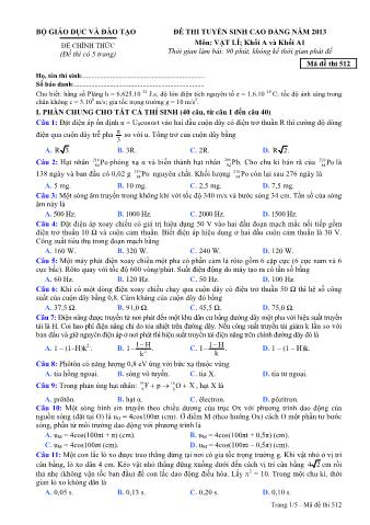 Đề thi tuyển sinh Cao đẳng môn Vật lí - Khối A, A1 - Mã đề: 512 - Năm học 2013 (Có đáp án)