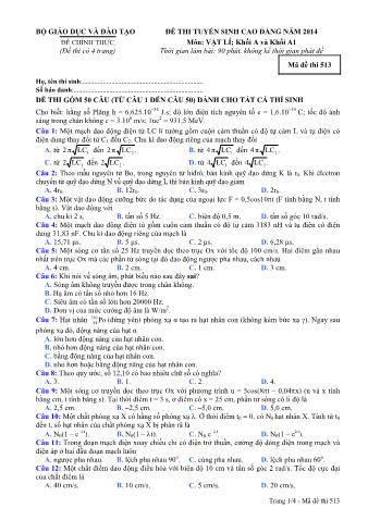 Đề thi tuyển sinh Cao đẳng môn Vật lí - Khối A, A1 - Mã đề: 513 - Năm học 2014 (Có đáp án)