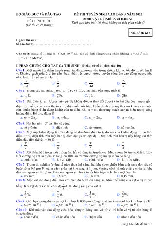 Đề thi tuyển sinh Cao đẳng môn Vật lí - Khối A, A1 - Mã đề: 613 - Năm học 2012 (Có đáp án)