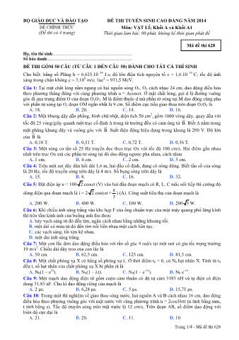 Đề thi tuyển sinh Cao đẳng môn Vật lí - Khối A, A1 - Mã đề: 628 - Năm học 2014 (Có đáp án)