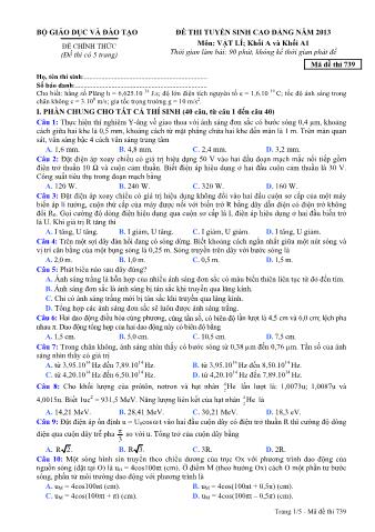 Đề thi tuyển sinh Cao đẳng môn Vật lí - Khối A, A1 - Mã đề: 739 - Năm học 2013 (Có đáp án)