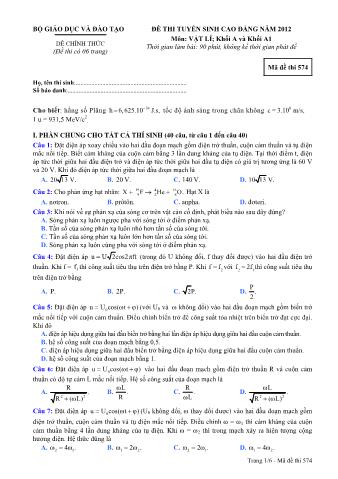 Đề thi tuyển sinh Cao đẳng môn Vật lí - Khối A, A1 - Mã đề: 754 - Năm học 2012 (Có đáp án)