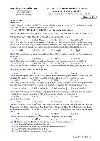 Đề thi tuyển sinh Cao đẳng môn Vật lí - Khối A, A1 - Mã đề: 851 - Năm học 2013 (Có đáp án)