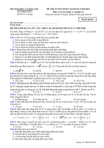 Đề thi tuyển sinh Cao đẳng môn Vật lí - Khối A, A1 - Mã đề: 863 - Năm học 2014 (Có đáp án)