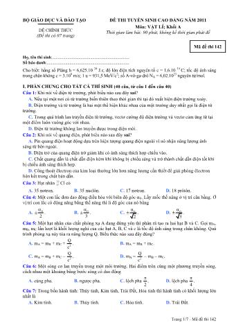 Đề thi tuyển sinh Cao đẳng môn Vật lí - Khối A - Mã đề: 142 - Năm học 2011 (Có đáp án)