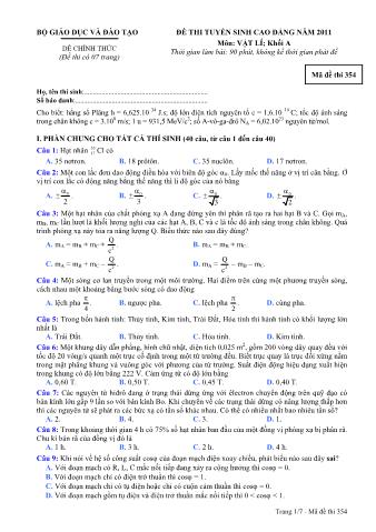 Đề thi tuyển sinh Cao đẳng môn Vật lí - Khối A - Mã đề: 354 - Năm học 2011 (Có đáp án)