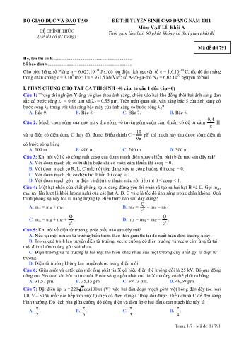 Đề thi tuyển sinh Cao đẳng môn Vật lí - Khối A - Mã đề: 791 - Năm học 2011 (Có đáp án)