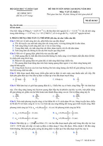 Đề thi tuyển sinh Cao đẳng môn Vật lí - Khối A - Mã đề: 863 - Năm học 2011 (Có đáp án)