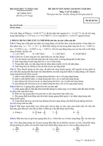 Đề thi tuyển sinh Cao đẳng môn Vật lí - Khối A - Mã đề: 915 - Năm học 2011 (Có đáp án)