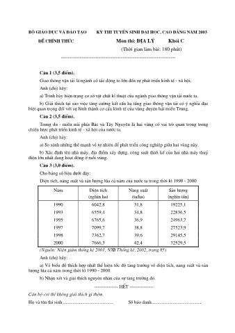 Đề thi tuyển sinh Đại học, Cao đẳng môn Địa lí - Khối C - Năm học 2003 (Có đáp án)