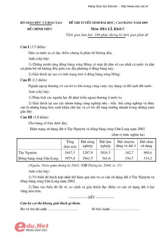 Đề thi tuyển sinh Đại học, Cao đẳng môn Địa lí - Khối C - Năm học 2005 (Có đáp án)