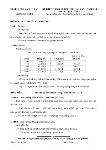 Đề thi tuyển sinh Đại học, Cao đẳng môn Địa lí - Khối C - Năm học 2008 (Có đáp án)