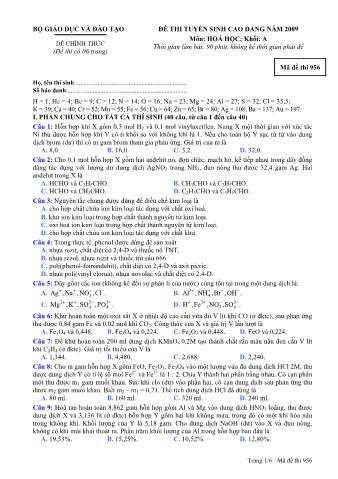 Đề thi tuyển sinh Đại học, Cao đẳng môn Hóa học - Khối A - Mã đề: 956 - Năm học 2009 (Có đáp án)