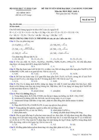 Đề thi tuyển sinh Đại học, Cao đẳng môn Hóa học - Khối A - Mã đề: 794 - Năm học 2008 (Có đáp án)