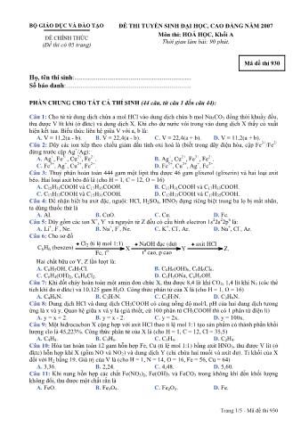 Đề thi tuyển sinh Đại học, Cao đẳng môn Hóa học - Khối A - Mã đề: 930 - Năm học 2007 (Có đáp án)