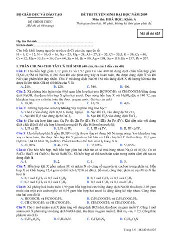 Đề thi tuyển sinh Đại học, Cao đẳng môn Hóa học - Khối A - Mã đề: 825 - Năm học 2009 (Có đáp án)